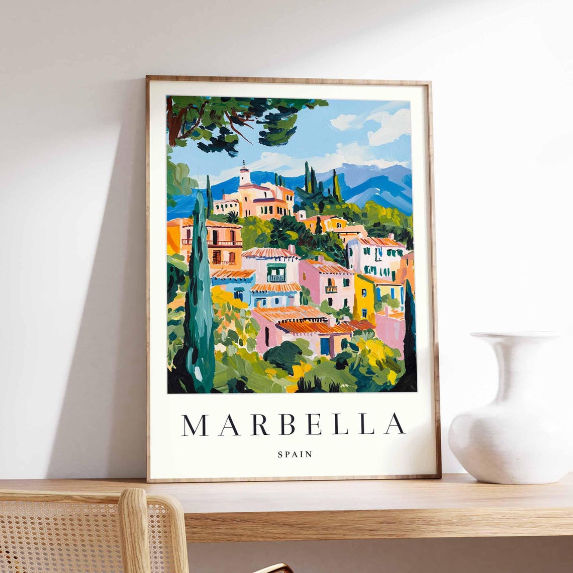 Marbella Spain Hillside Village Cypress Trees Scene Art Poster