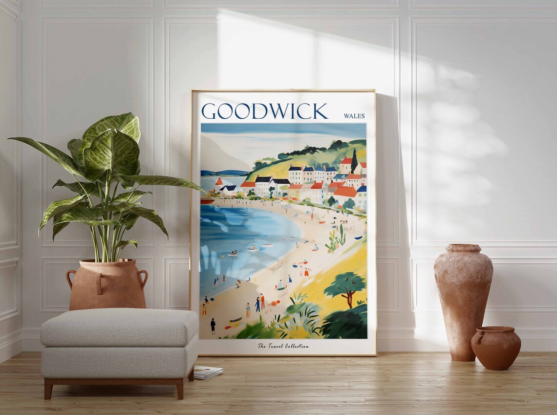 Goodwick Wales Curved Beach Hillside Cottages Summer Day Poster - Image 3