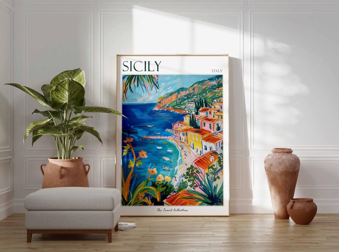 Sicily Italy Coastal Village Cliffs Boats Summer Travel Poster - Image 2