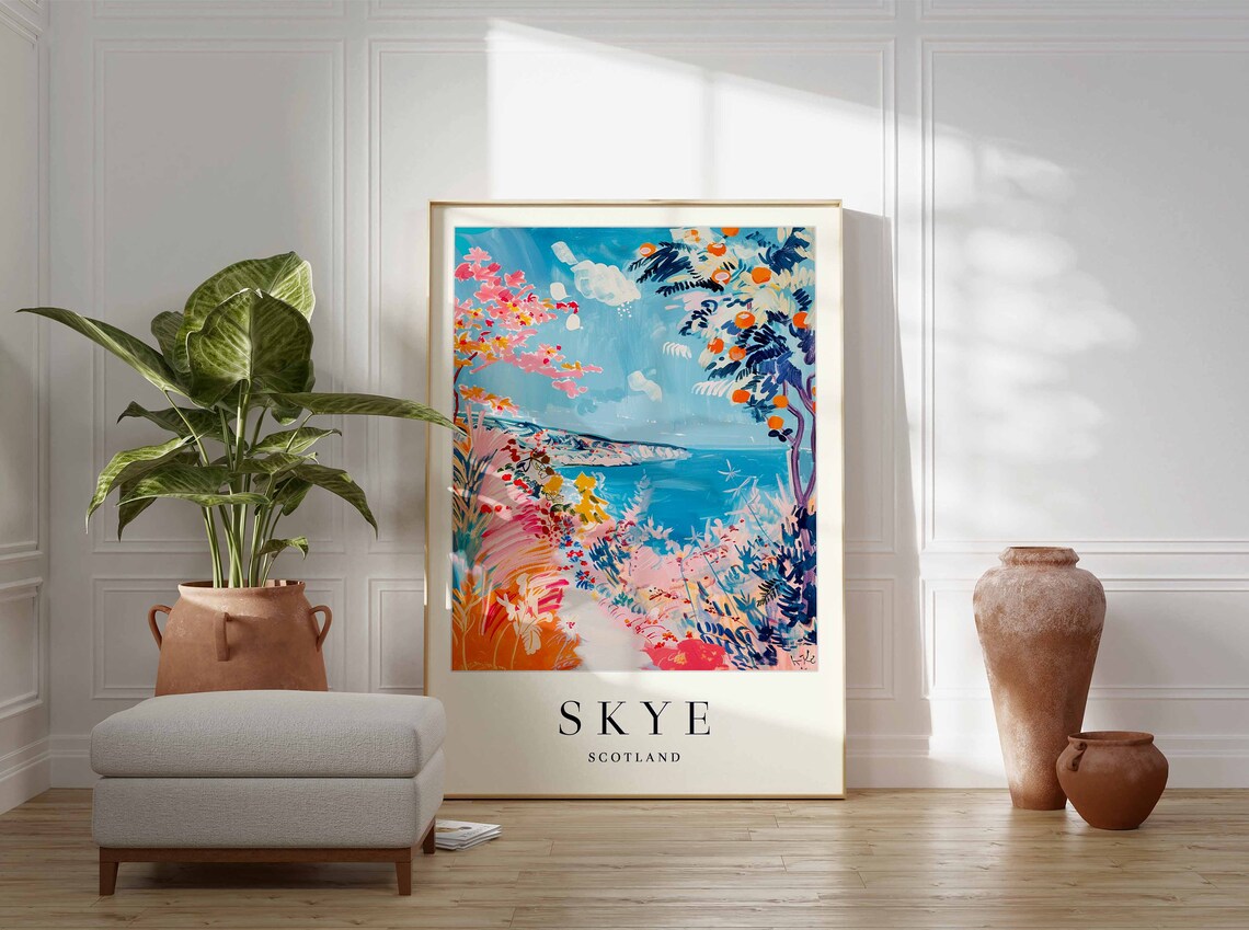 Skye Scotland Travel Poster Floral Coastal Garden Sea View Painting Art - Image 3