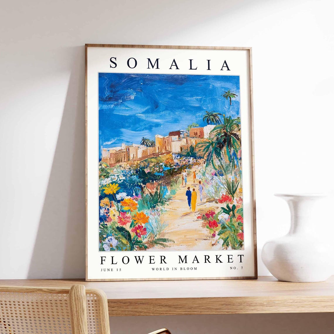 Somalia Sunlit Stone Village Palm Path Flower Garden Art Poster