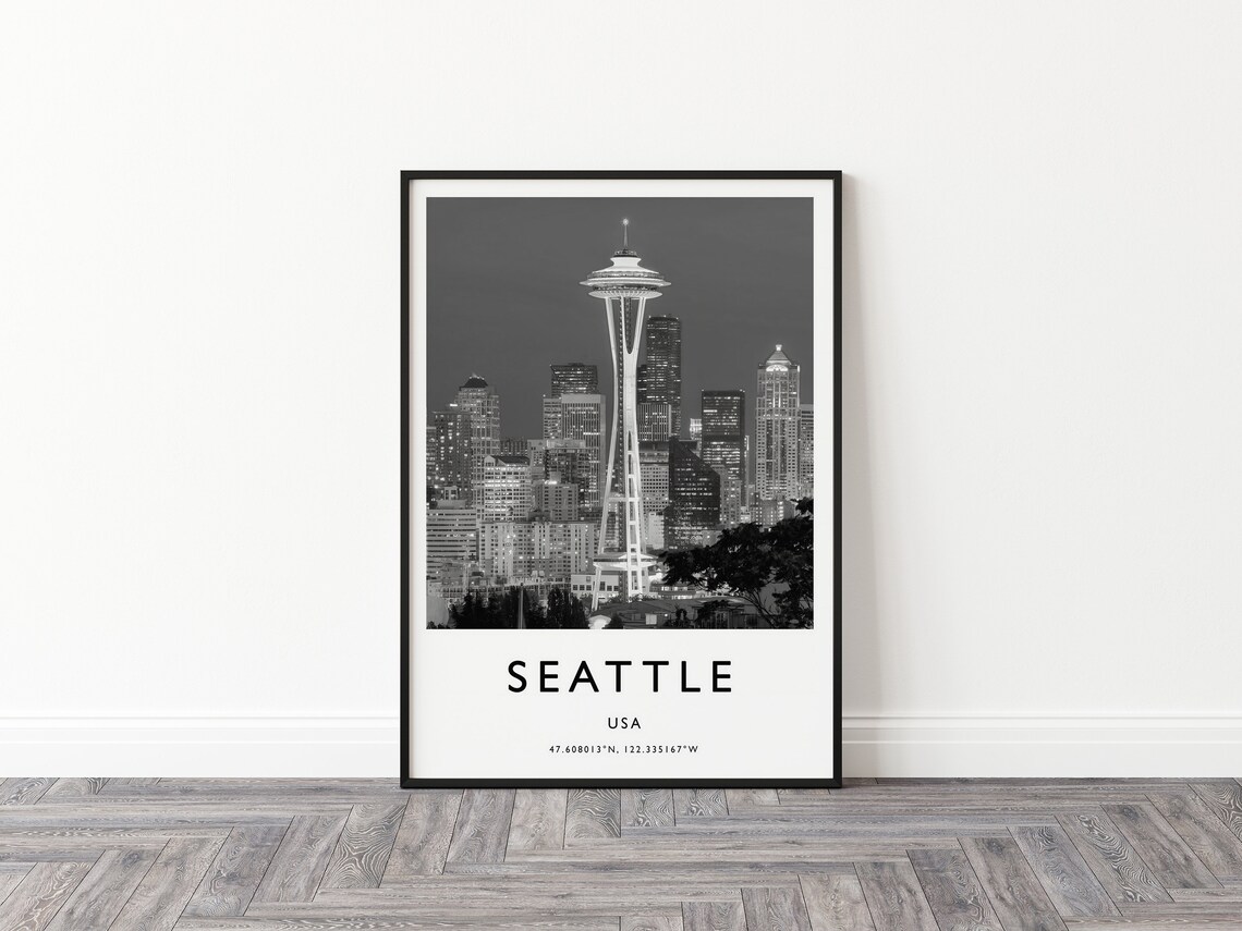 Seattle USA Space Needle Night Skyline Black White Photo Poster - Image 2