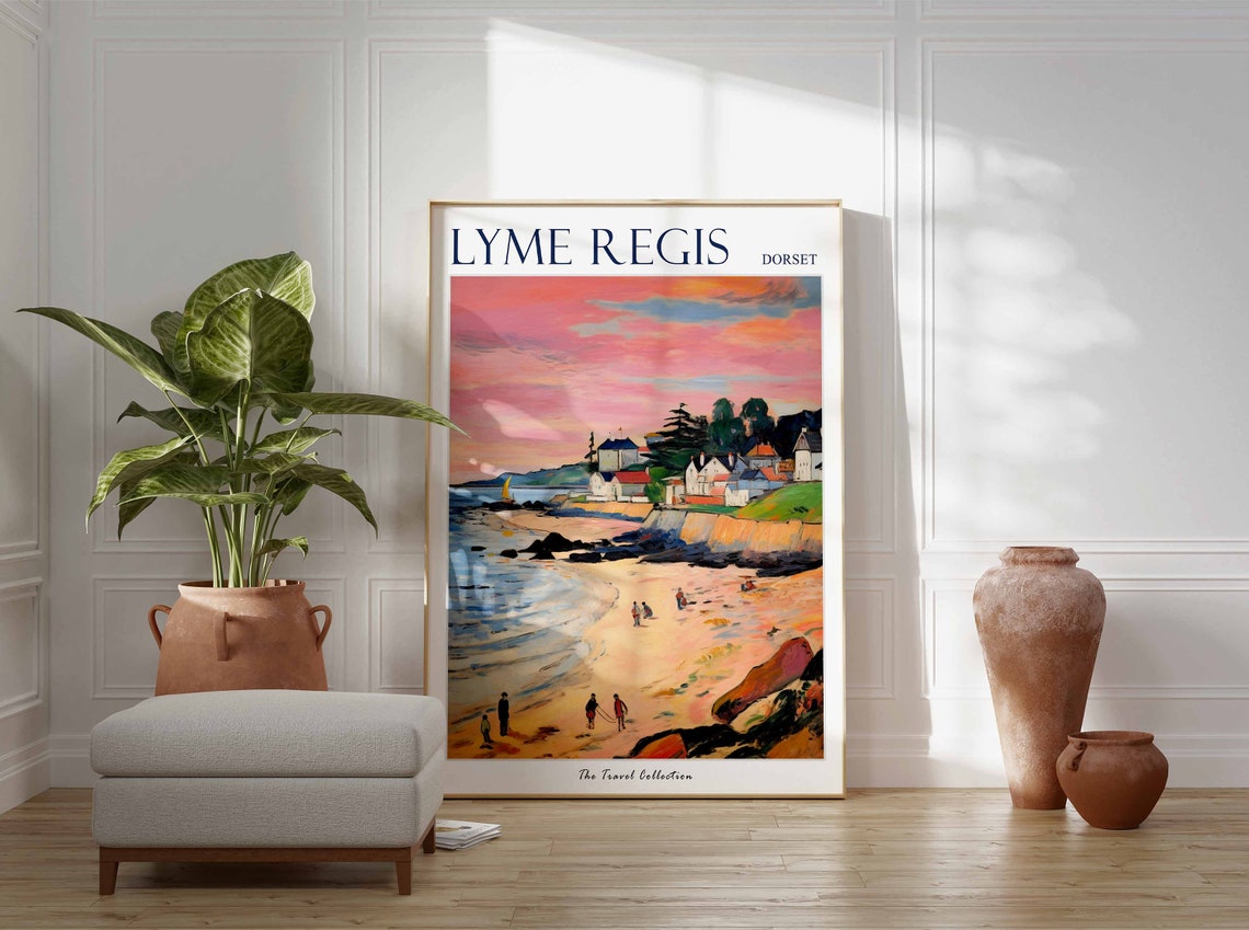 Lyme Regis Dorset Sunset Beach Walkers Painting Travel Poster - Image 3