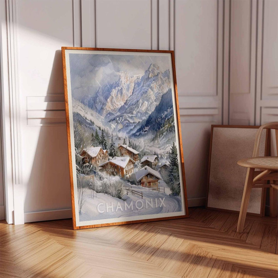 Chamonix Wooden Chalets Soft Watercolor Rocky Peak Scene Poster - Image 2