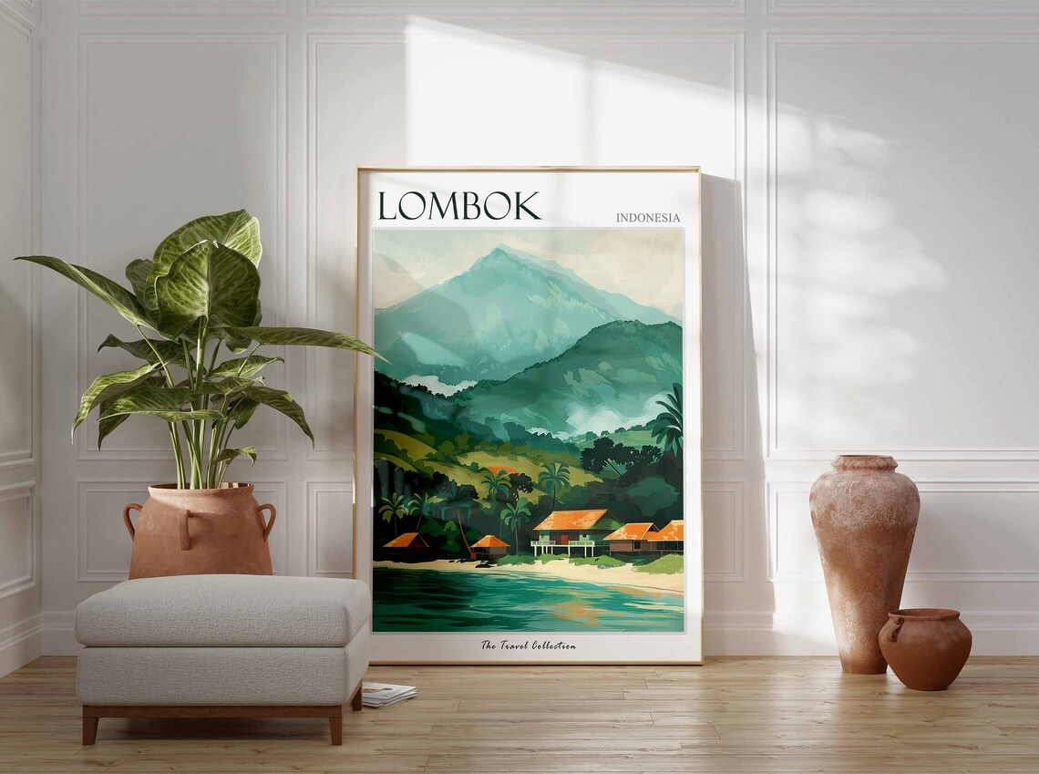 Lombok Indonesia Green Mountain Beach Huts Tropical Travel Poster - Image 2