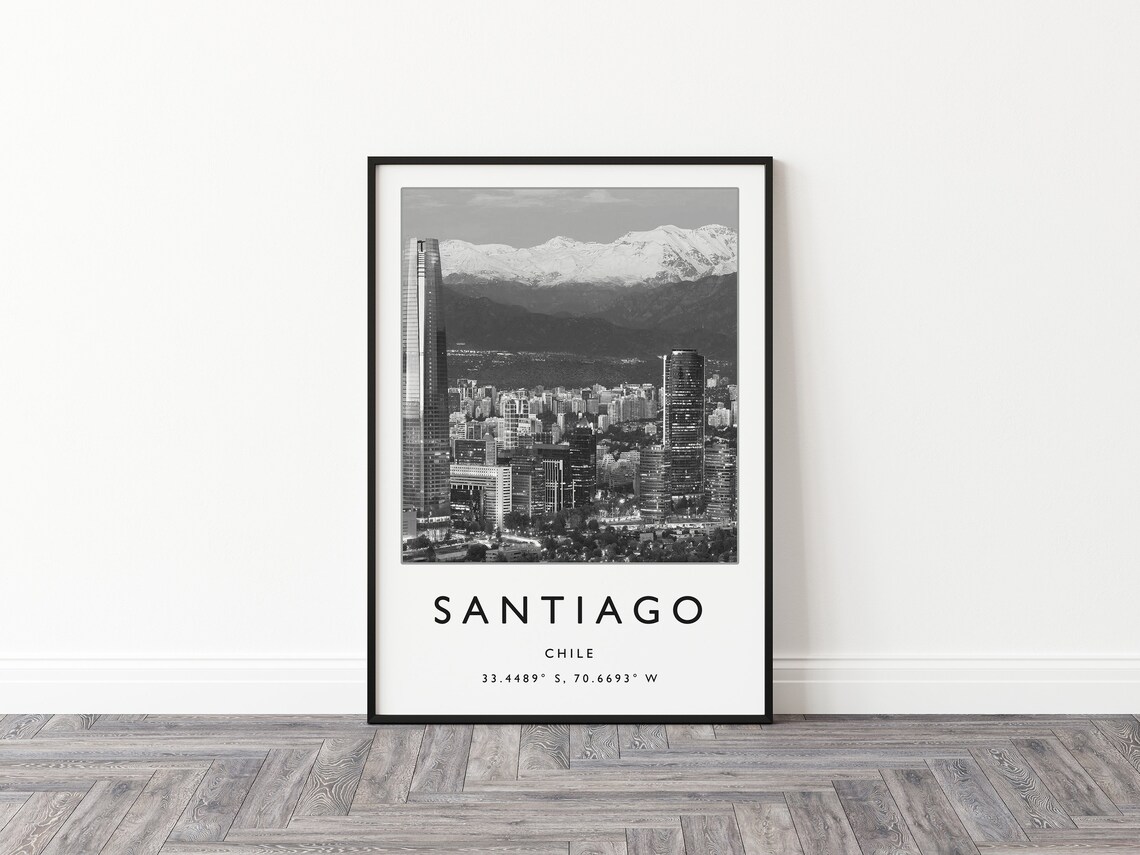 Santiago Chile Travel Poster, Black and White - Image 3