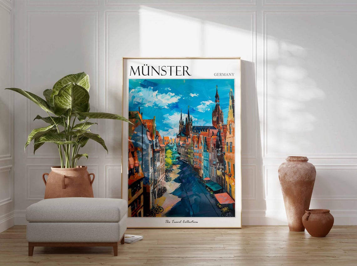 Munster Germany Bicycle Lined Gothic Street Colorful Art Poster - Image 3