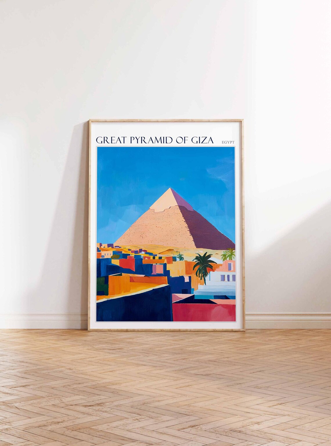 Great Pyramid of Giza Egypt Over Colorful Village Scene Poster - Image 3