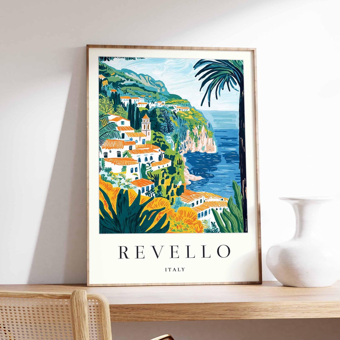 Revello Italy Cliffside Coastal Village Palm Trees Sea View Poster