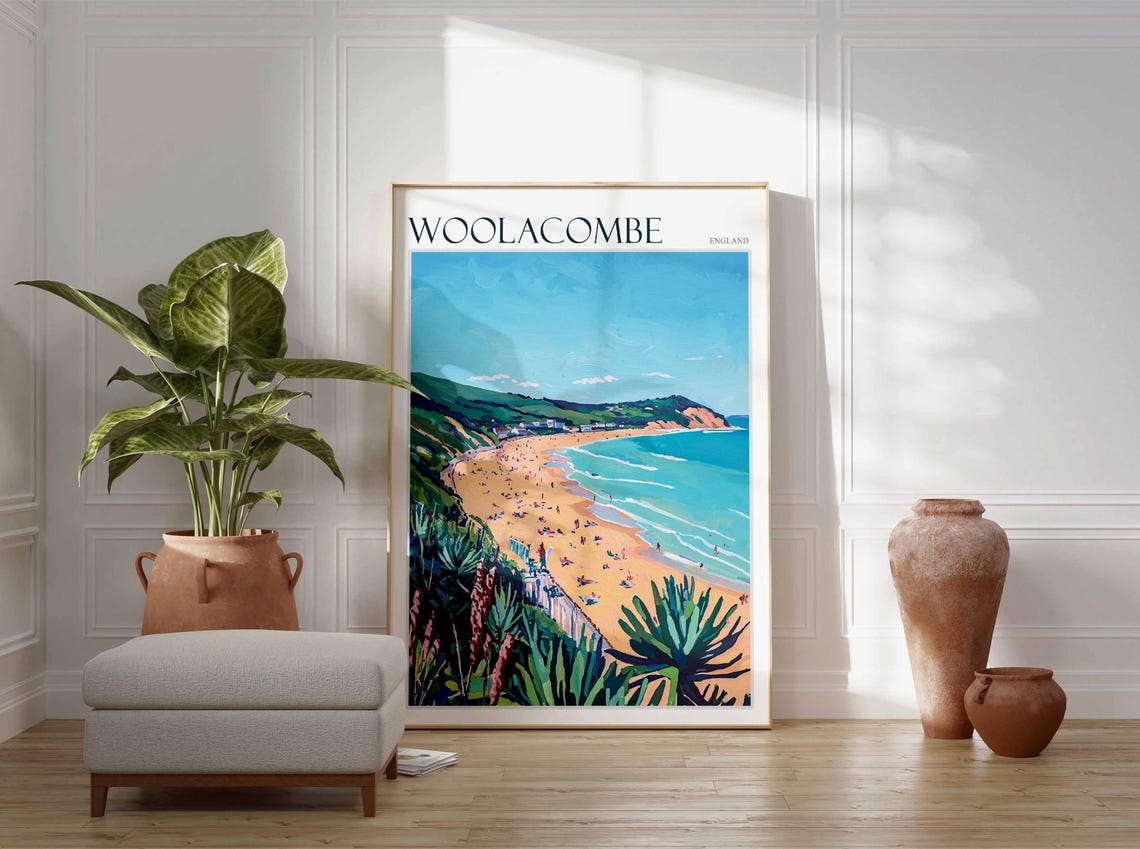 Woolacombe England Dune View Tropical Flowers Beach Travel Poster - Image 2