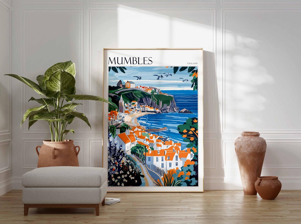 Mumbles England Vintage Style Town Cliff Church Flowers Poster - Image 3