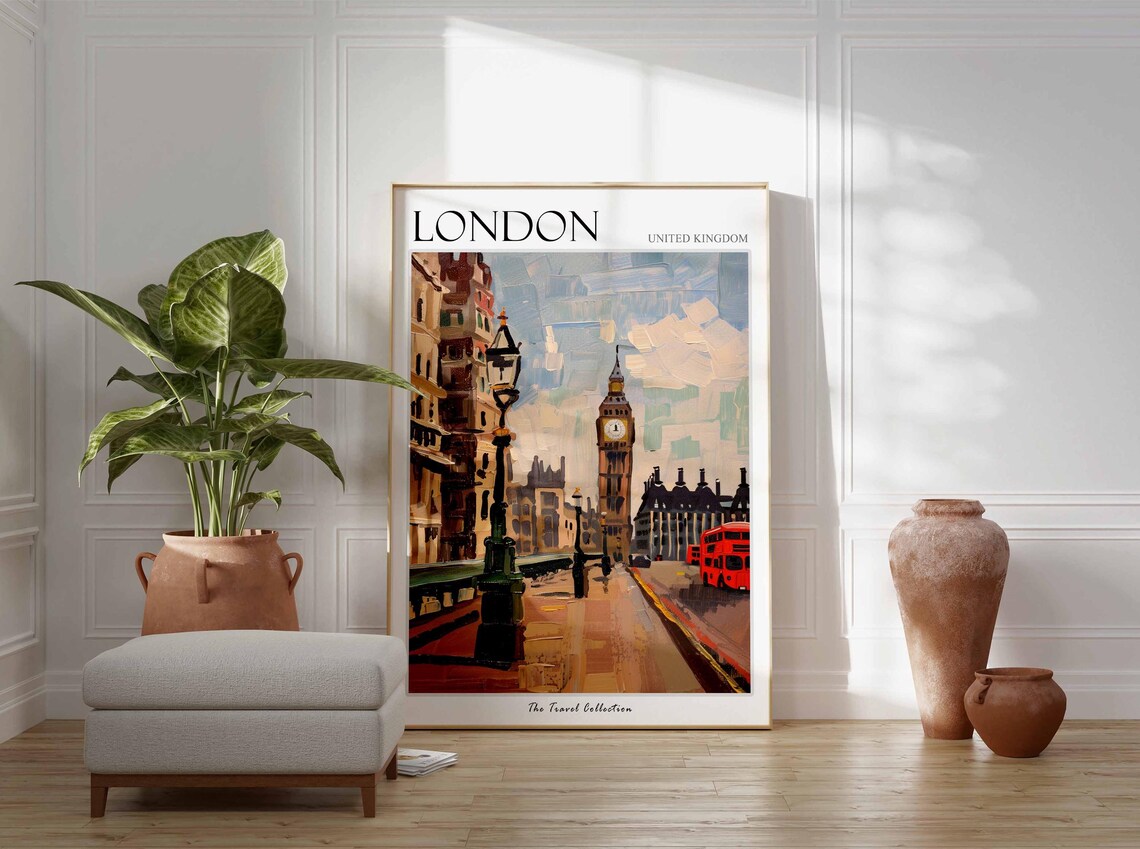 London United Kingdom Big Ben Red Bus Vintage Street Art Travel Poster - Image 2