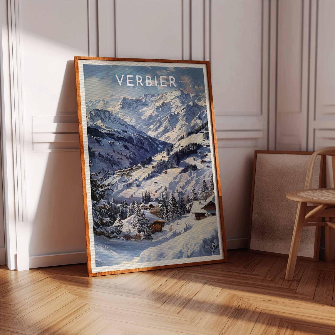 Verbier Switzerland Panoramic Snowy Peaks Chalets Winter Art Poster - Image 3