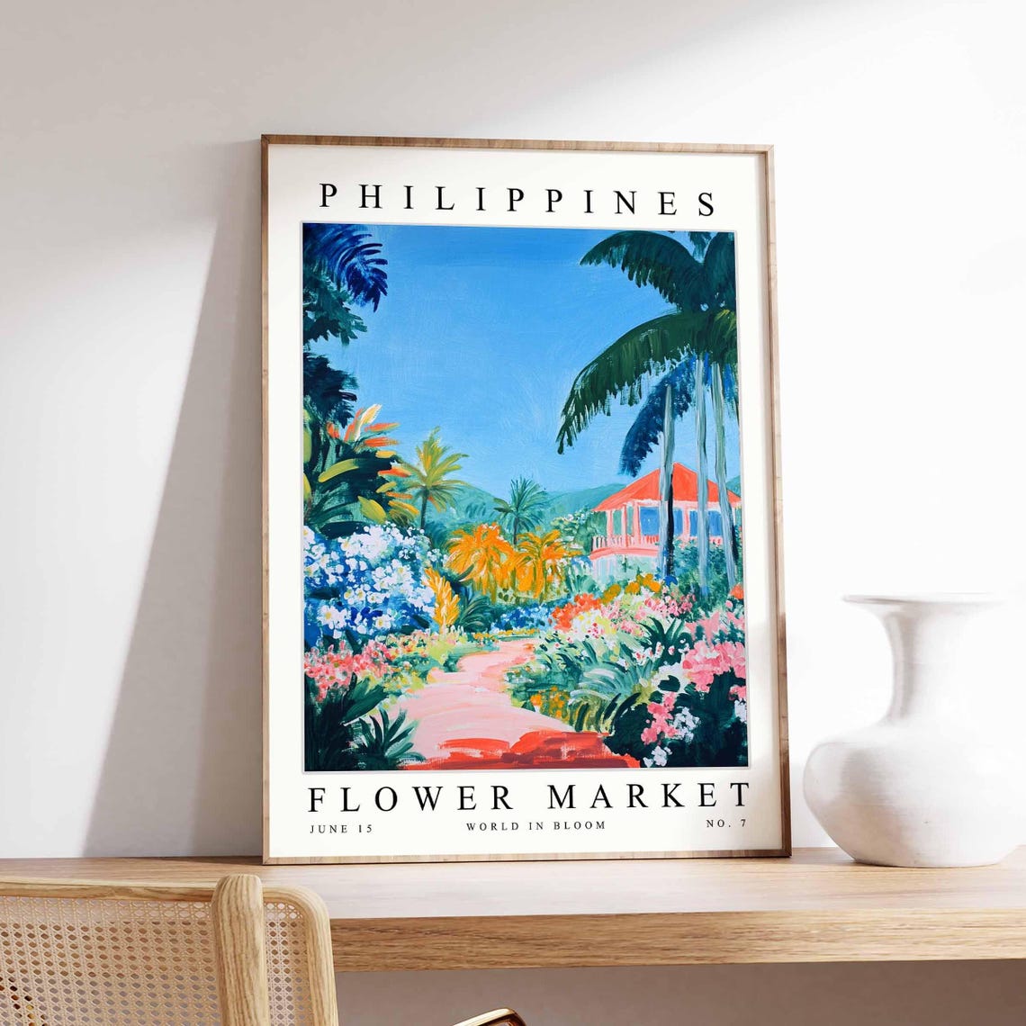 Philippines Tropical Garden Path Palm Red Roof Floral Travel Poster