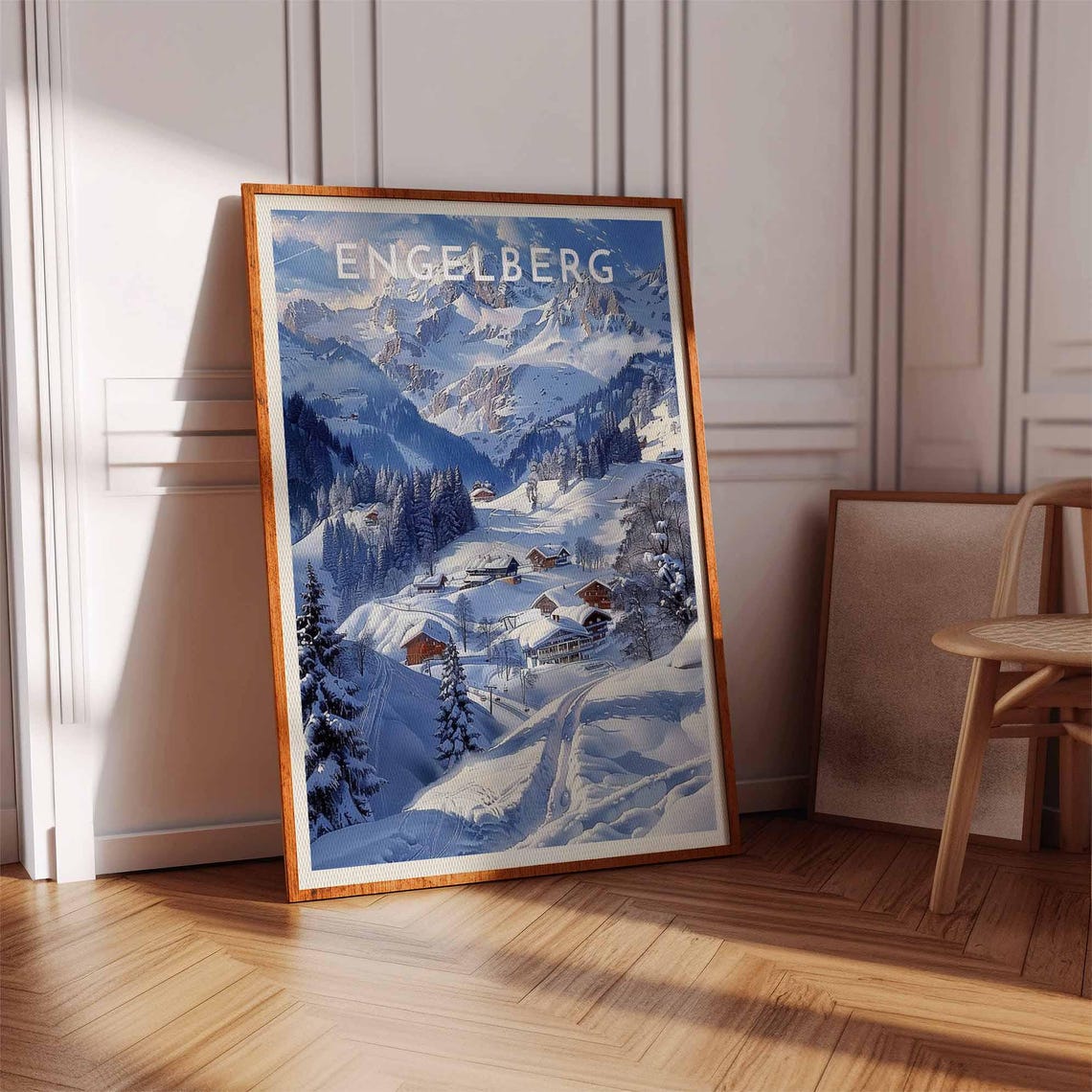Engelberg Moonlit Blue Chalets Snowy Valley Night Winter Scene Poster - Image 2