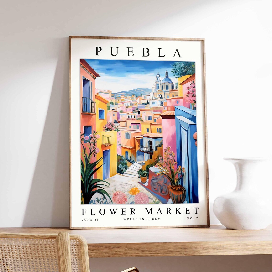 Puebla Colorful Stepped Street Cathedral Above Flowers Travel Poster