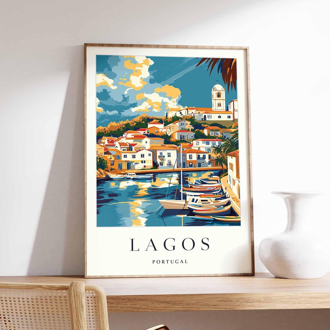 Lagos Portugal Harbor Boats Church Tower Colorful Town View Poster