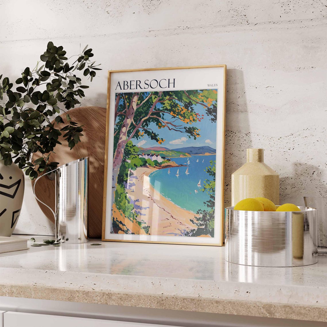 Abersoch Wales Birch Tree Framed Beach Scene Travel Collection Poster - Image 2