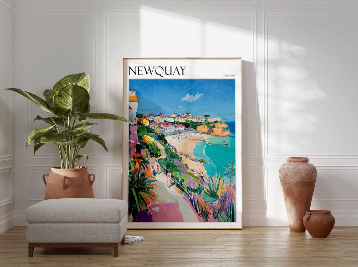Newquay England Beach Path Palm Plants Town Headland View Poster - Image 3