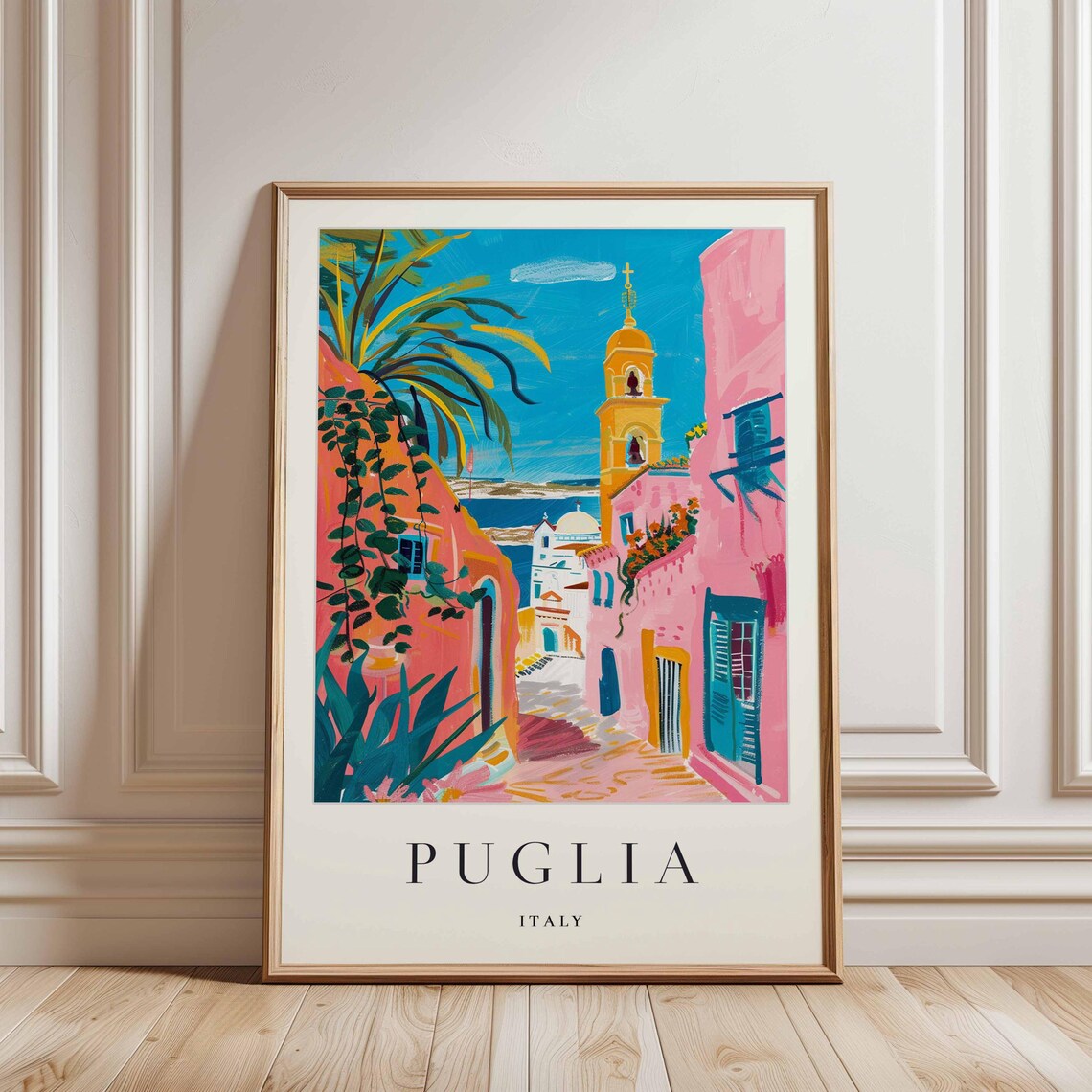 Puglia Italy Pink Alley Bell Tower Palm Trees Sea View Travel Poster - Image 3