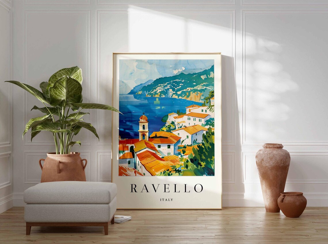 Ravello Italy Aerial Coastal Town Church Tower Orange Rooftops Poster - Image 4