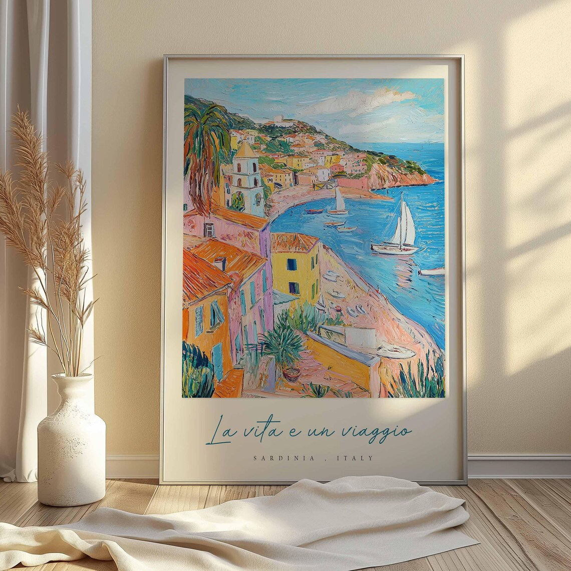 Sardinia Italy Coastal Harbor Sailboats Impasto Style Travel Poster - Image 2