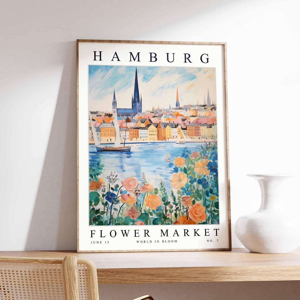 Hamburg Flower Market Skyline Sailboat Floral Bloom No. 7 Poster