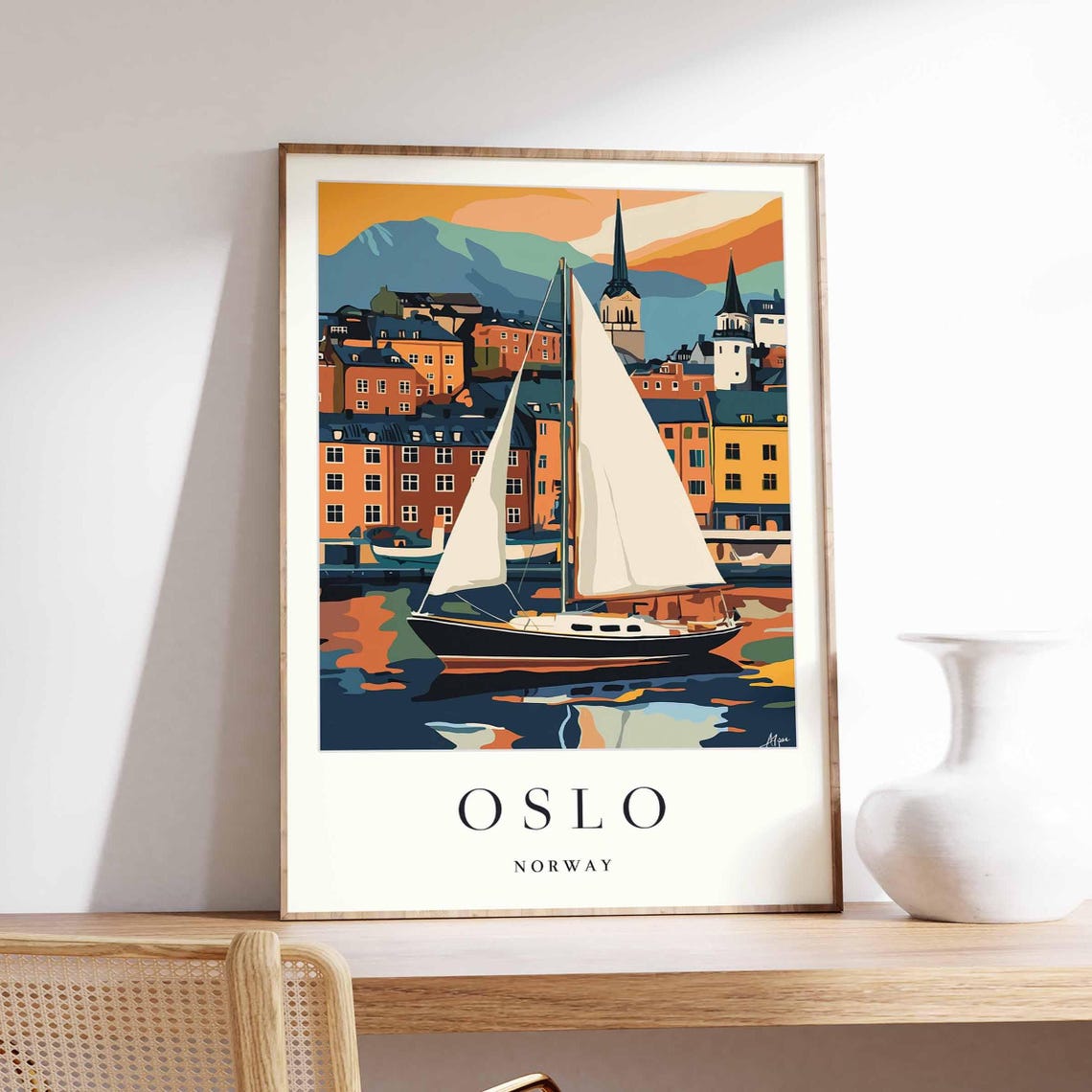 Oslo Norway Stylized Sailboat Fjord Sunset Watercolor Poster