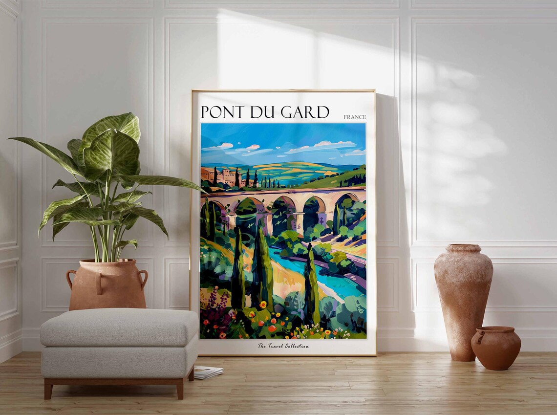 Pont Du Gard France Roman Aqueduct Colorful Painting Travel Poster - Image 2
