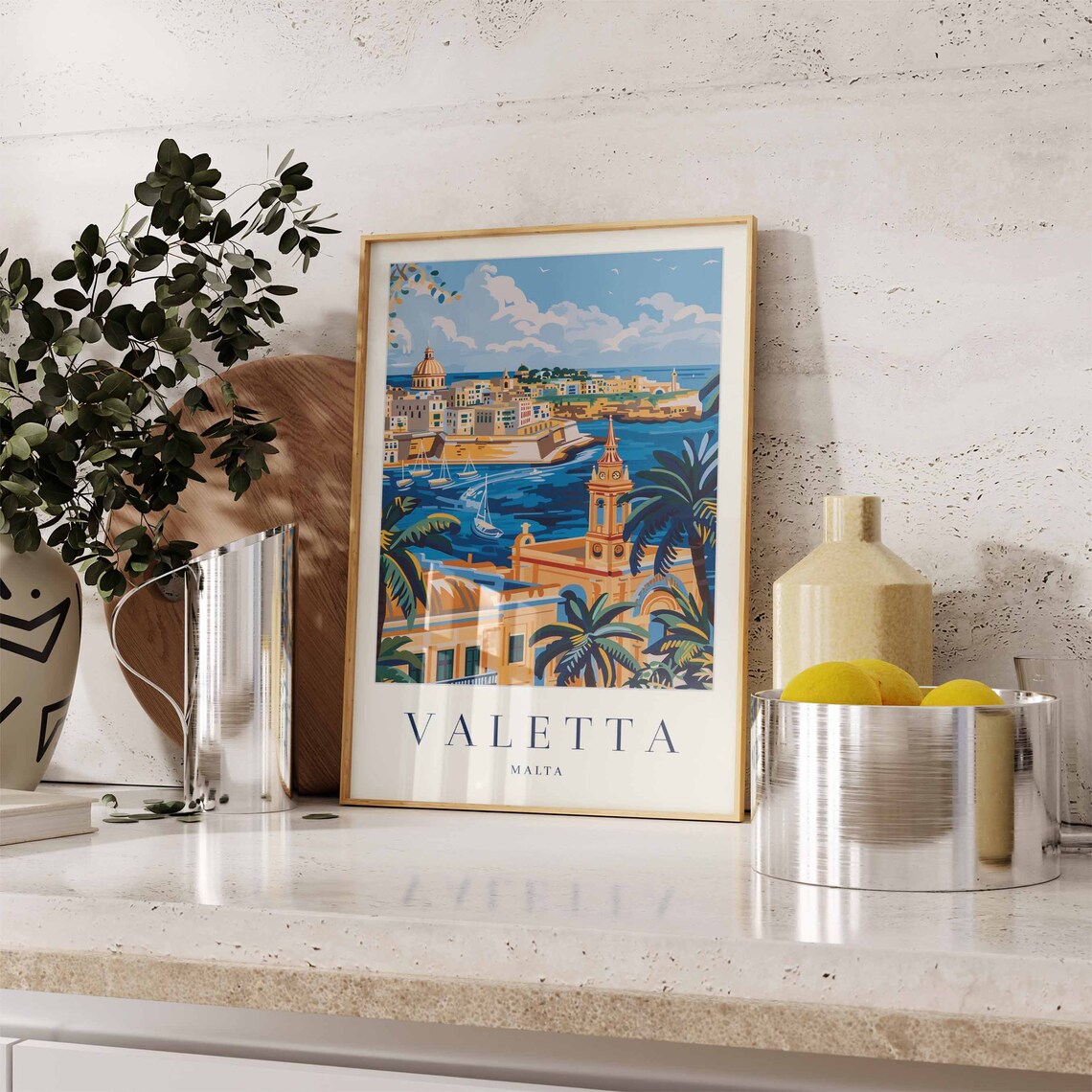 Valletta Malta Grand Harbor Palm Trees Vintage Travel Art Poster - Image 3
