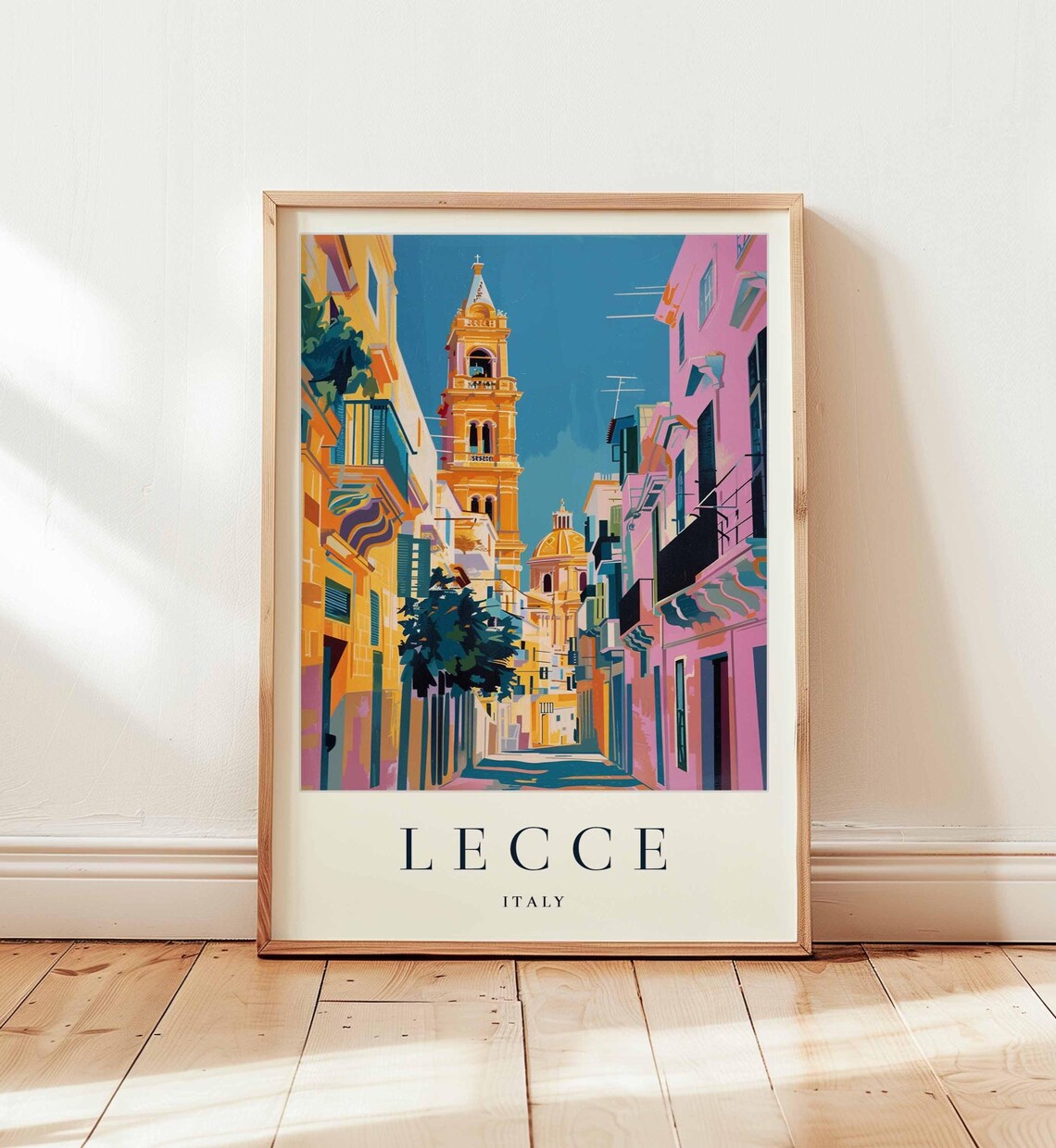 Lecce Italy Bell Tower Colorful Street Watercolor Travel Poster