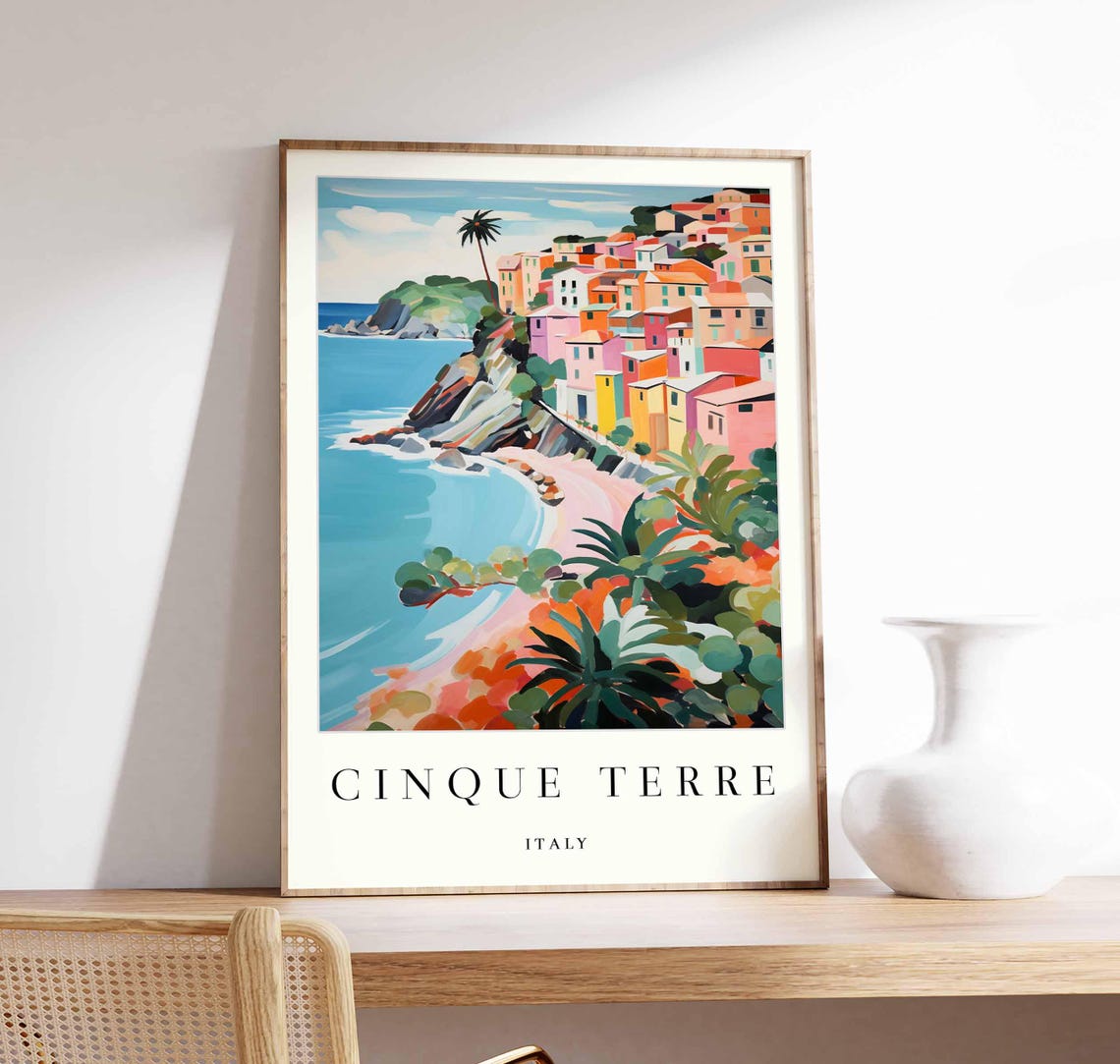 Cinque Terre Beach Cove Pastel Cliff Town Tropical Travel Wall Art