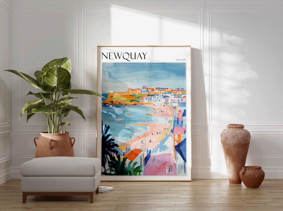 Newquay England Colorful Beach Bay Surfers Summer Painting Poster - Image 2