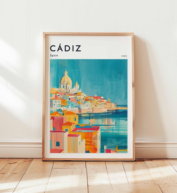 Cadiz Spain 1989 Poster with Cathedral Domes Over Old Town Roofs