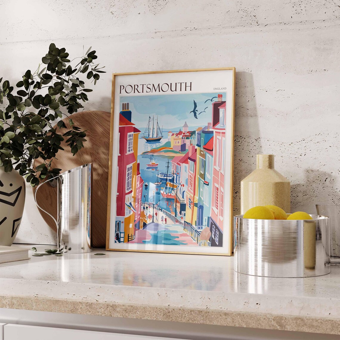 Portsmouth England Colorful Harbor Town Street Scene Art Poster - Image 3