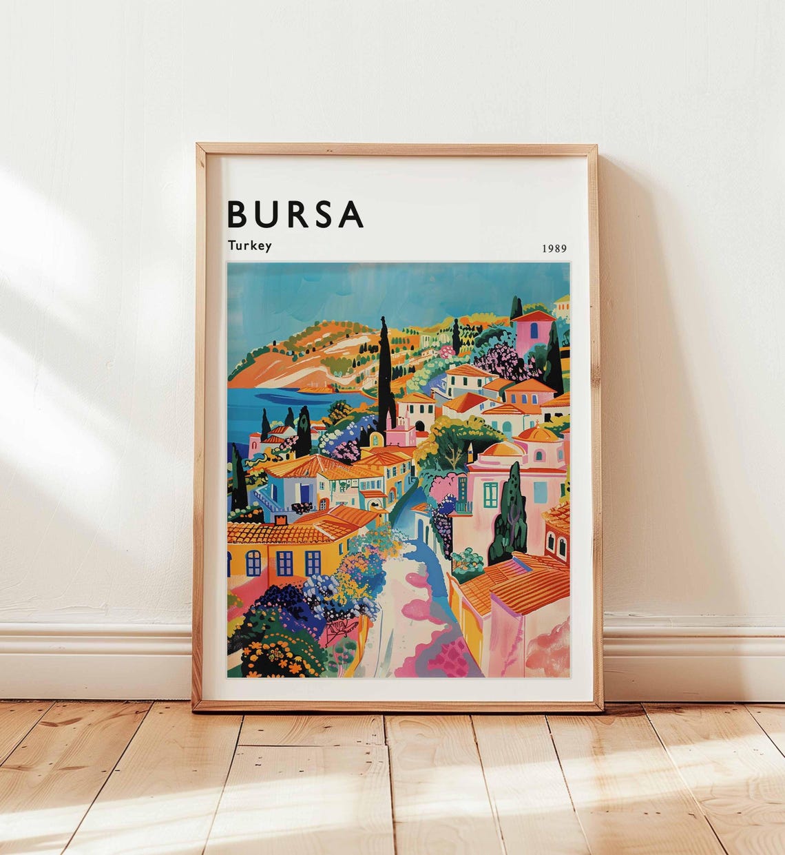 Bursa Turkey 1989 Travel Poster with Colorful Village and Cypress