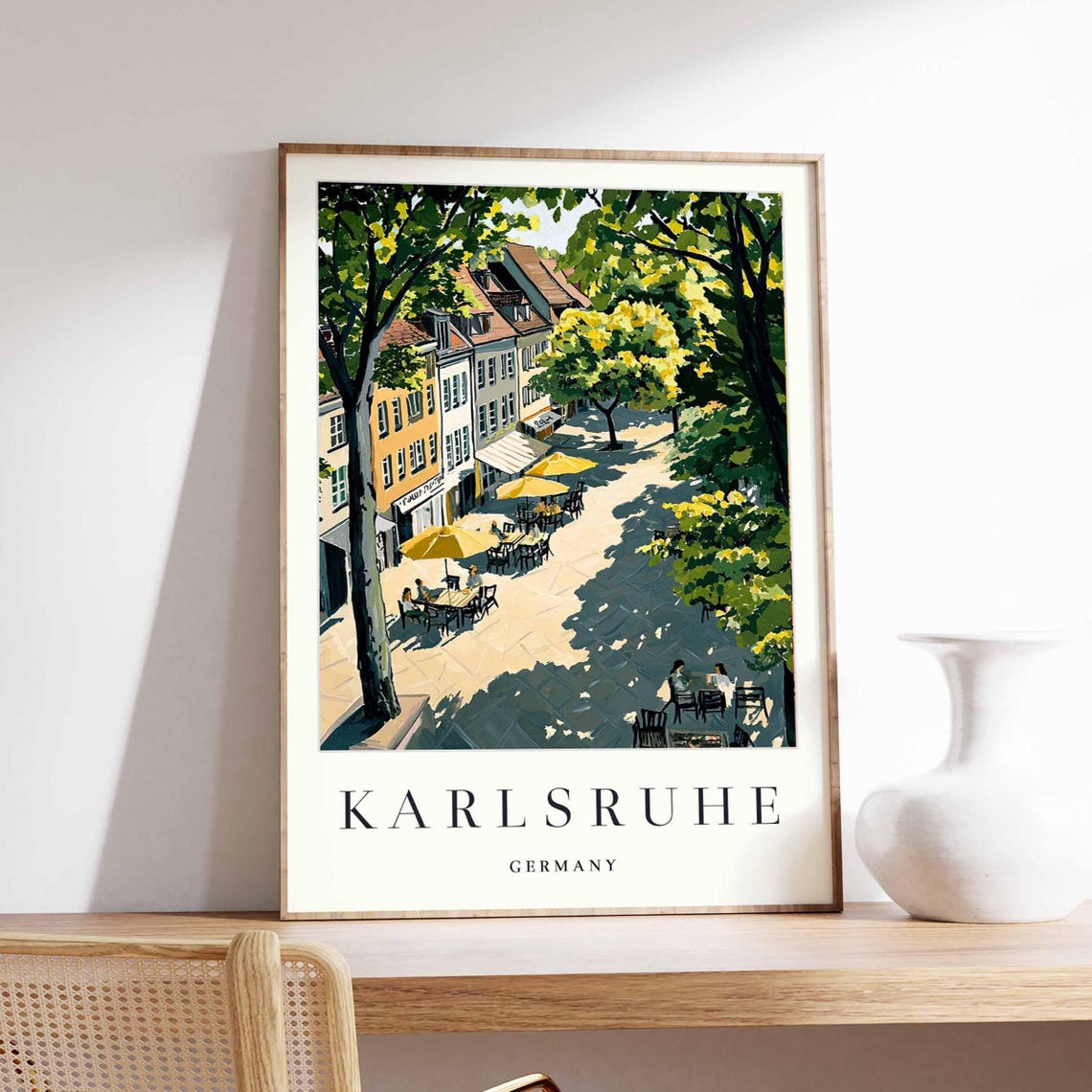 Karlsruhe Germany Sunny Cafe Plaza Umbrellas Green Trees Poster