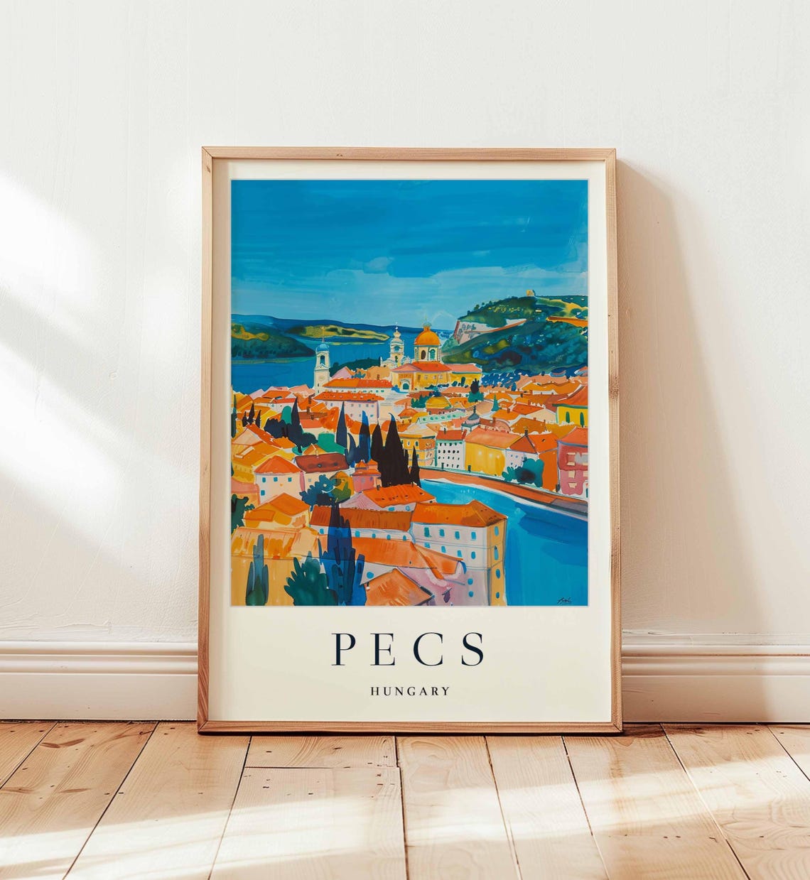 Pecs Hungary Riverside Panorama Colorful Old Town Travel Poster