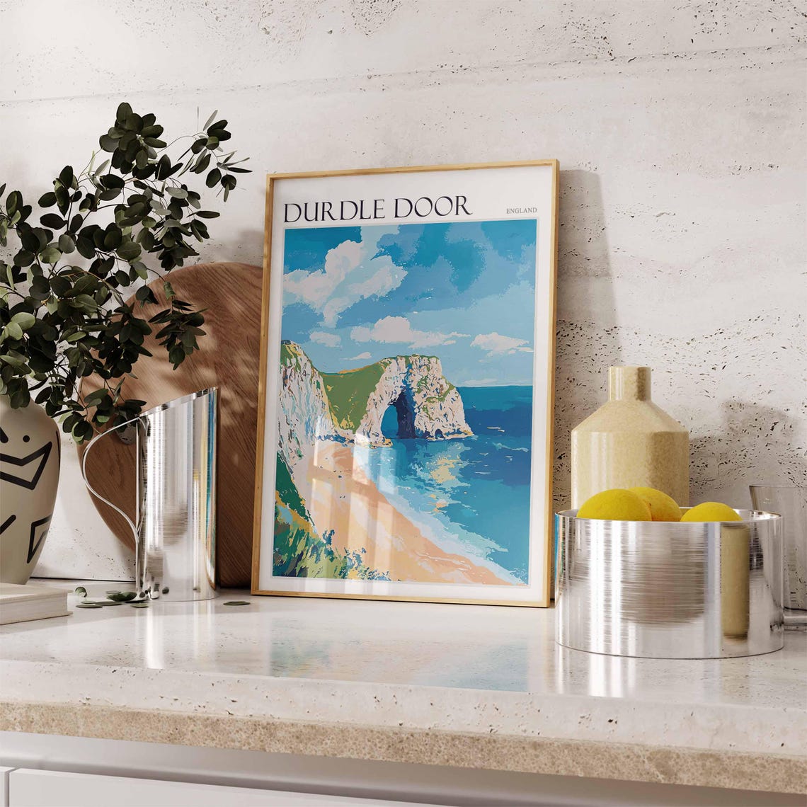 Durdle Door England Cliff Arch Beach Blue Sky Clouds Painting Poster - Image 2