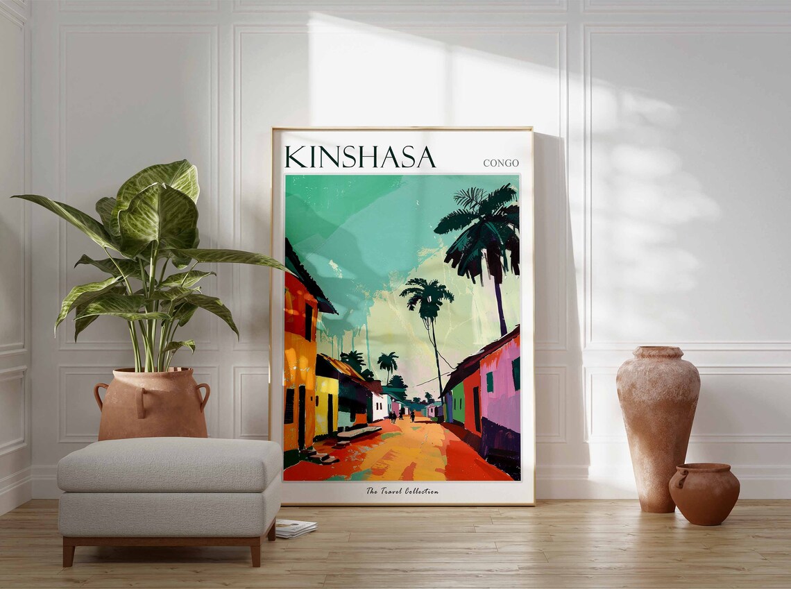 Kinshasa Congo Colorful Street Palms African City Scene Poster - Image 3