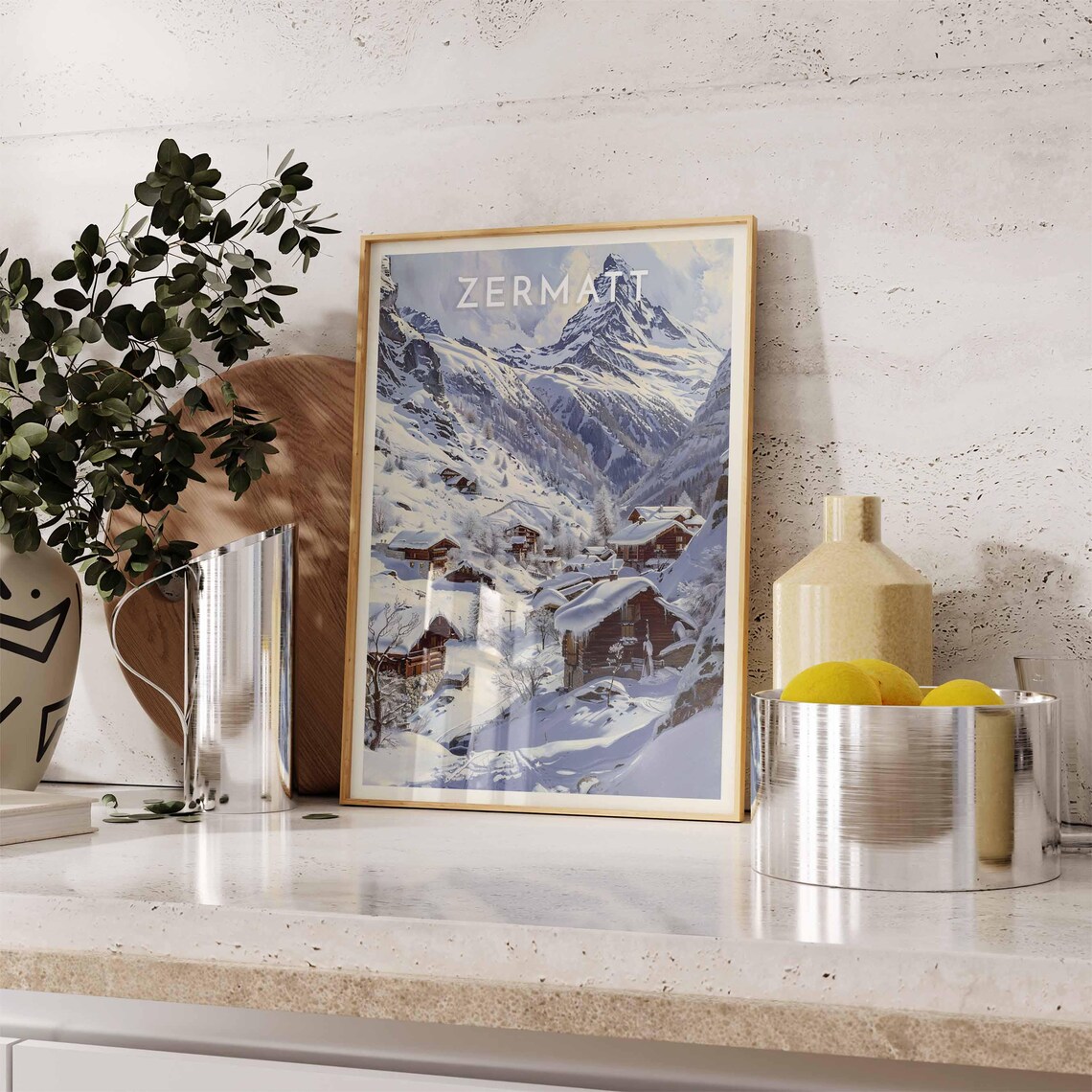 Zermatt Wooden Chalets Beneath Matterhorn Snow Winter Art Poster - Image 2
