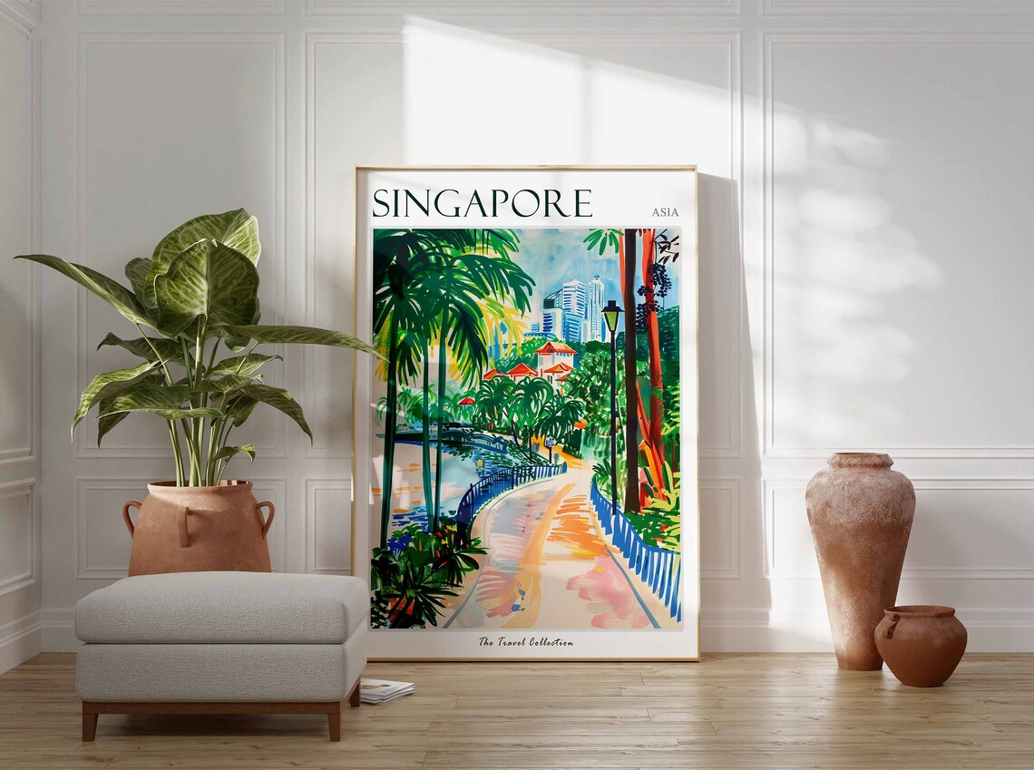 Singapore Asia Riverside Promenade Travel Poster Tropical City Art - Image 3