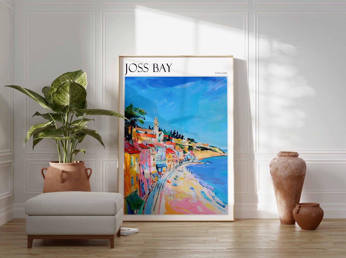 Joss Bay England Colorful Cliffside Town Path Beach View Poster - Image 3