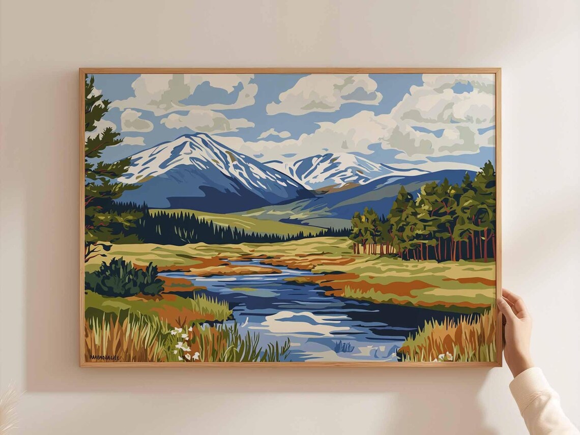 Cairngorms Snow Capped Peaks River Pop Art Landscape Painting Poster