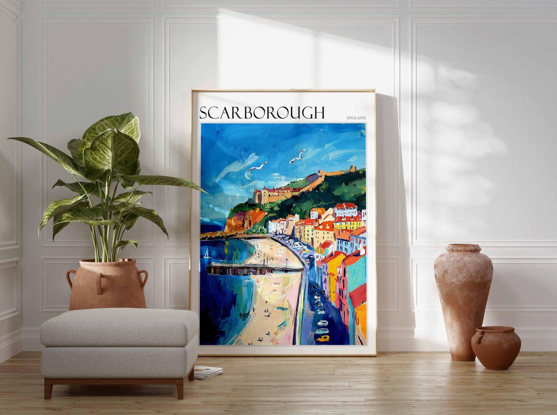Scarborough Bold Beach And Castle Blue Sky Poster England Art - Image 2