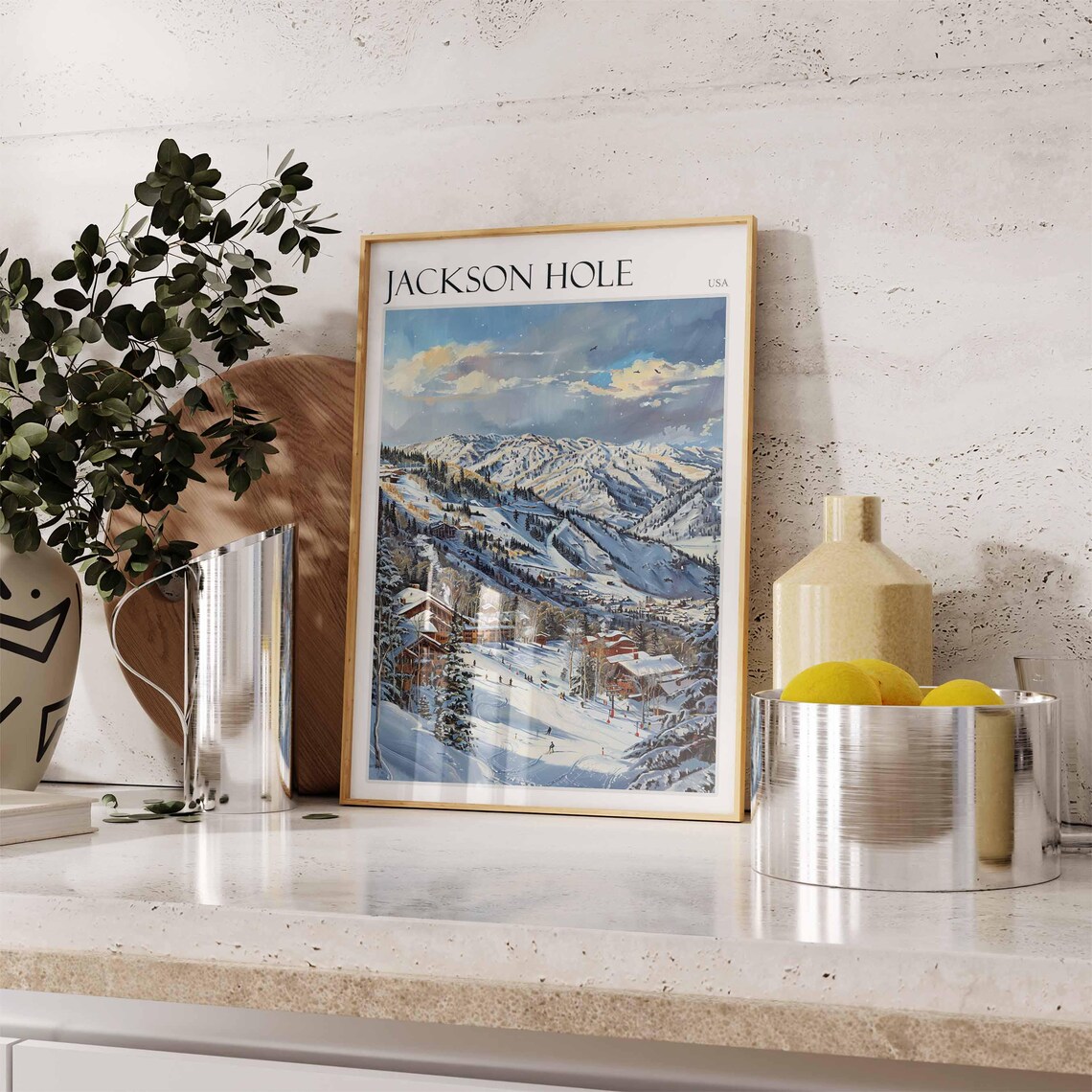 Jackson Hole USA Dusk Ski Scene Poster with Valley Village Watercolor - Image 2
