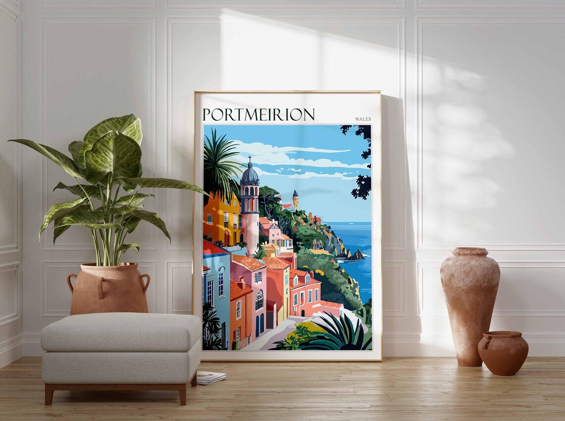 Portmeirion Wales Domed Bell Tower Pastel Coastal Town Art Poster - Image 4