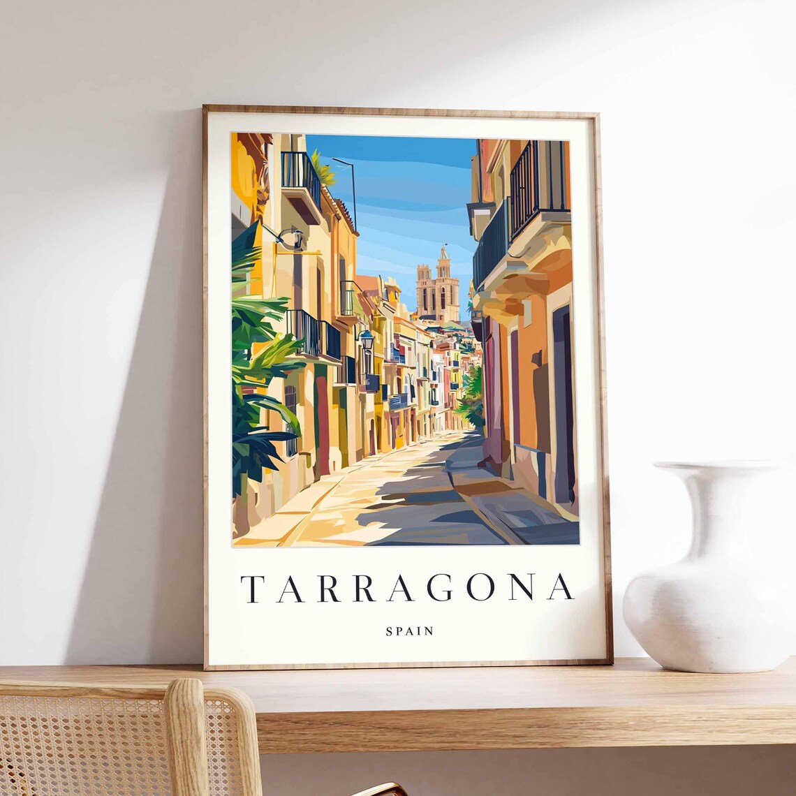 Tarragona Spain Sunlit Narrow Street Twin Bell Towers Poster