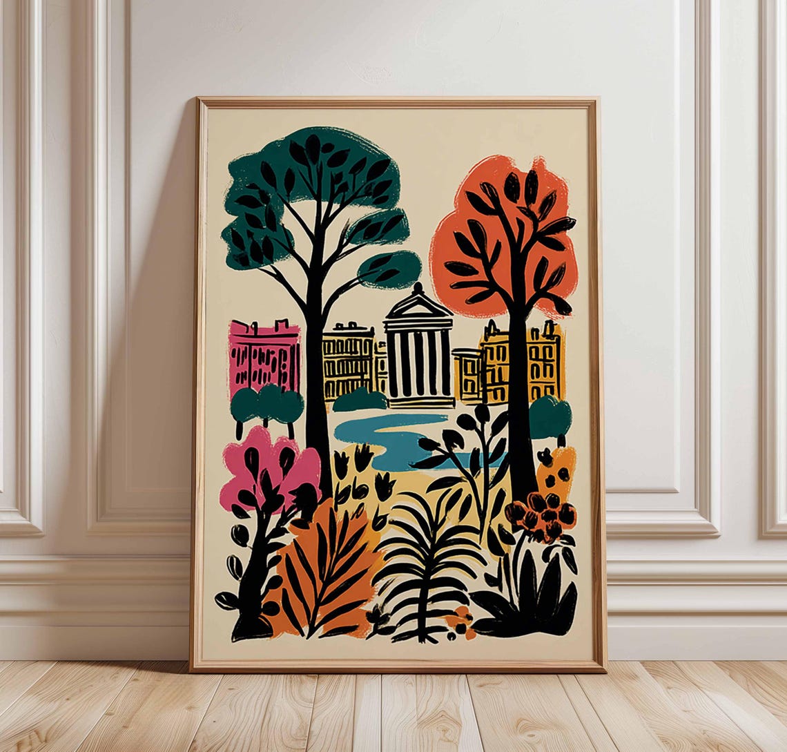Colorful City Park Trees Classical Building Flat Illustration Poster