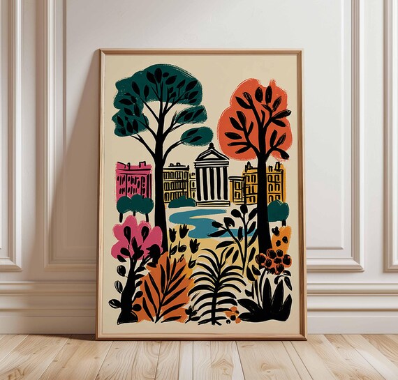 Colorful City Park Trees Classical Building Flat Illustration Poster